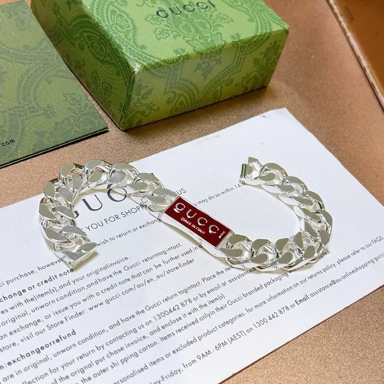 Gucci Silver Red Curb-Link Chain Polished Bracelet 6