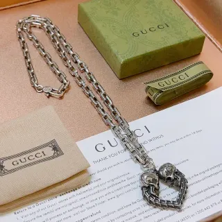 Gucci Skull Heart Pendant Heavy Link Chain Necklace