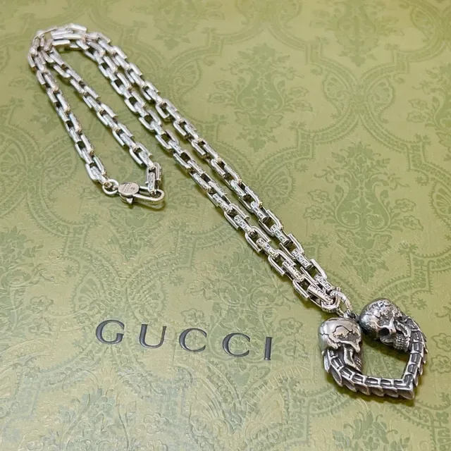 Gucci Skull Heart Pendant Heavy Link Chain Necklace 3