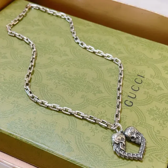 Gucci Skull Heart Pendant Heavy Link Chain Necklace 6