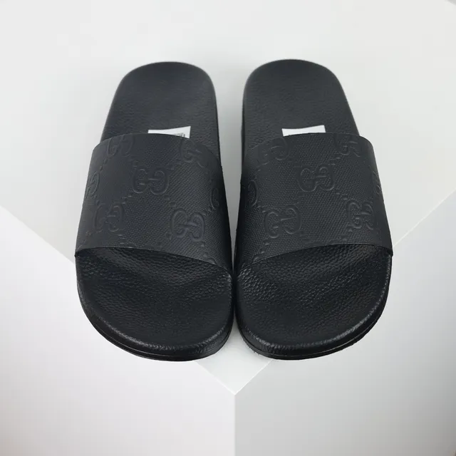 Gucci Slide Black Monogram-Embossed Strap Slippers 8