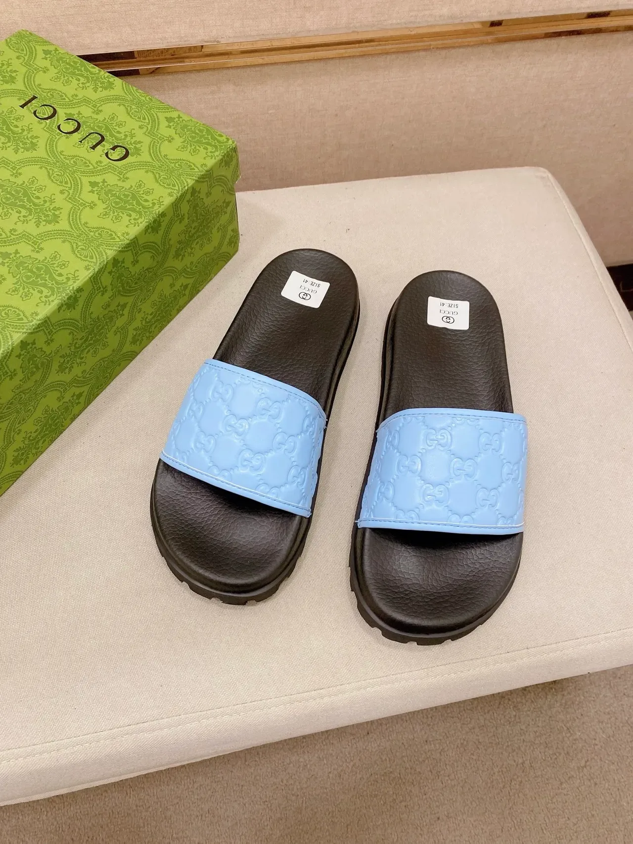 Gucci Slide Black Multicolor Embossed GG Monogram Strap Rubber Sole Slippers 5