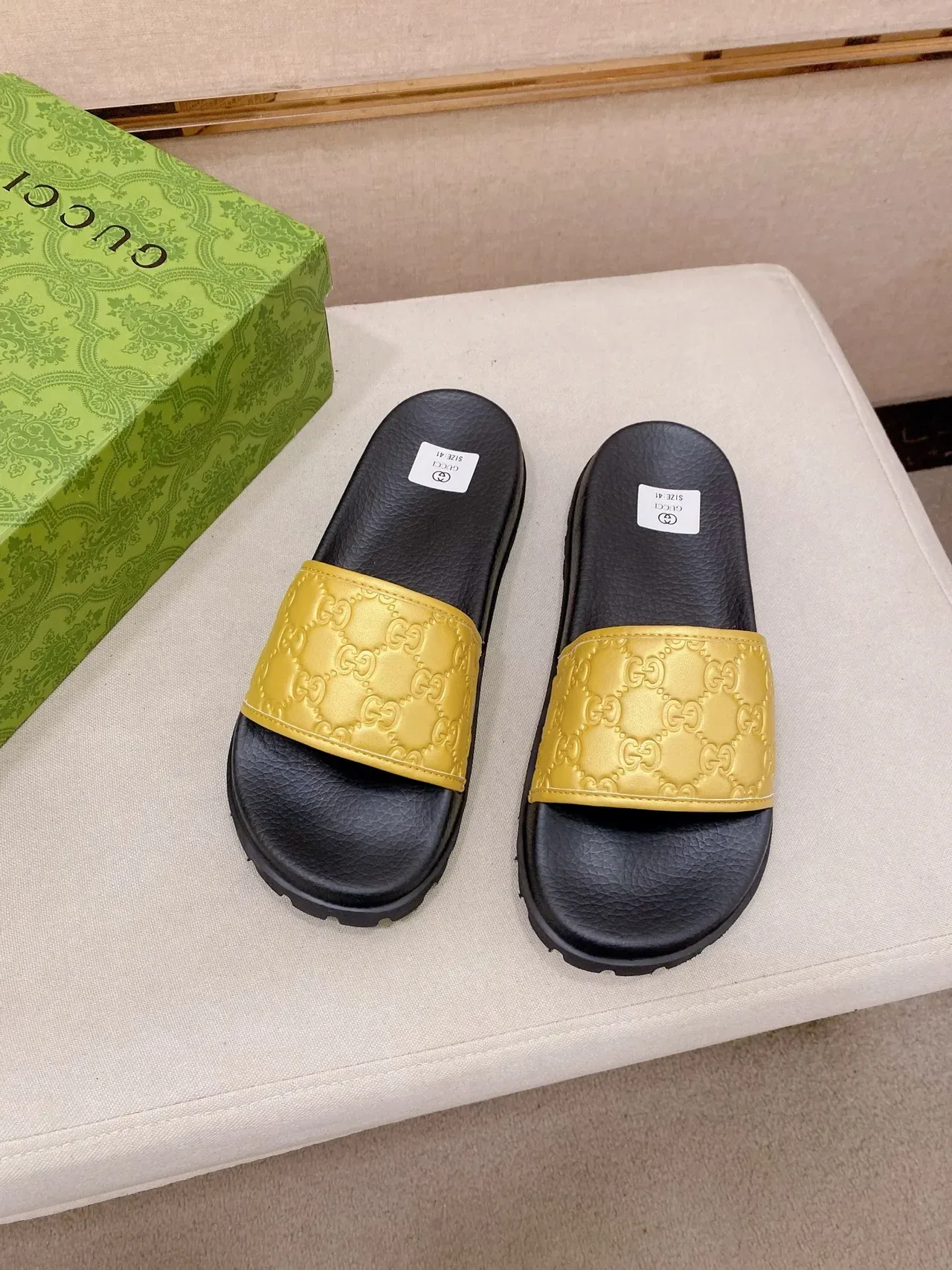 Gucci Slide Black Multicolor Embossed GG Monogram Strap Rubber Sole Slippers 6