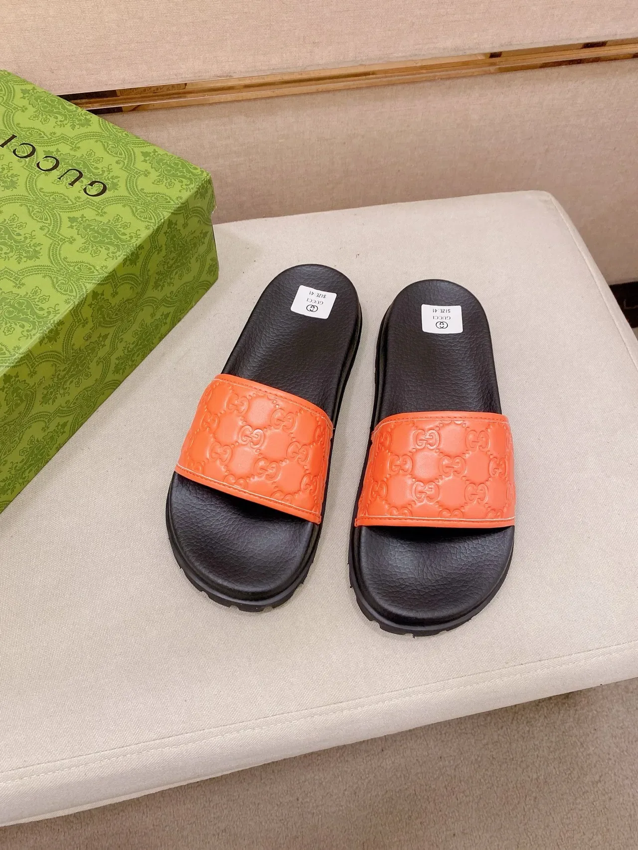 Gucci Slide Black Multicolor Embossed GG Monogram Strap Rubber Sole Slippers 9