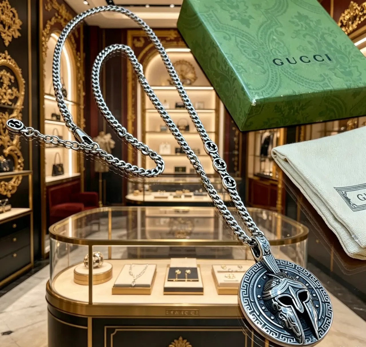 Gucci Spartan Helmet Pendant Interlocking G-Link Chain Necklace 3
