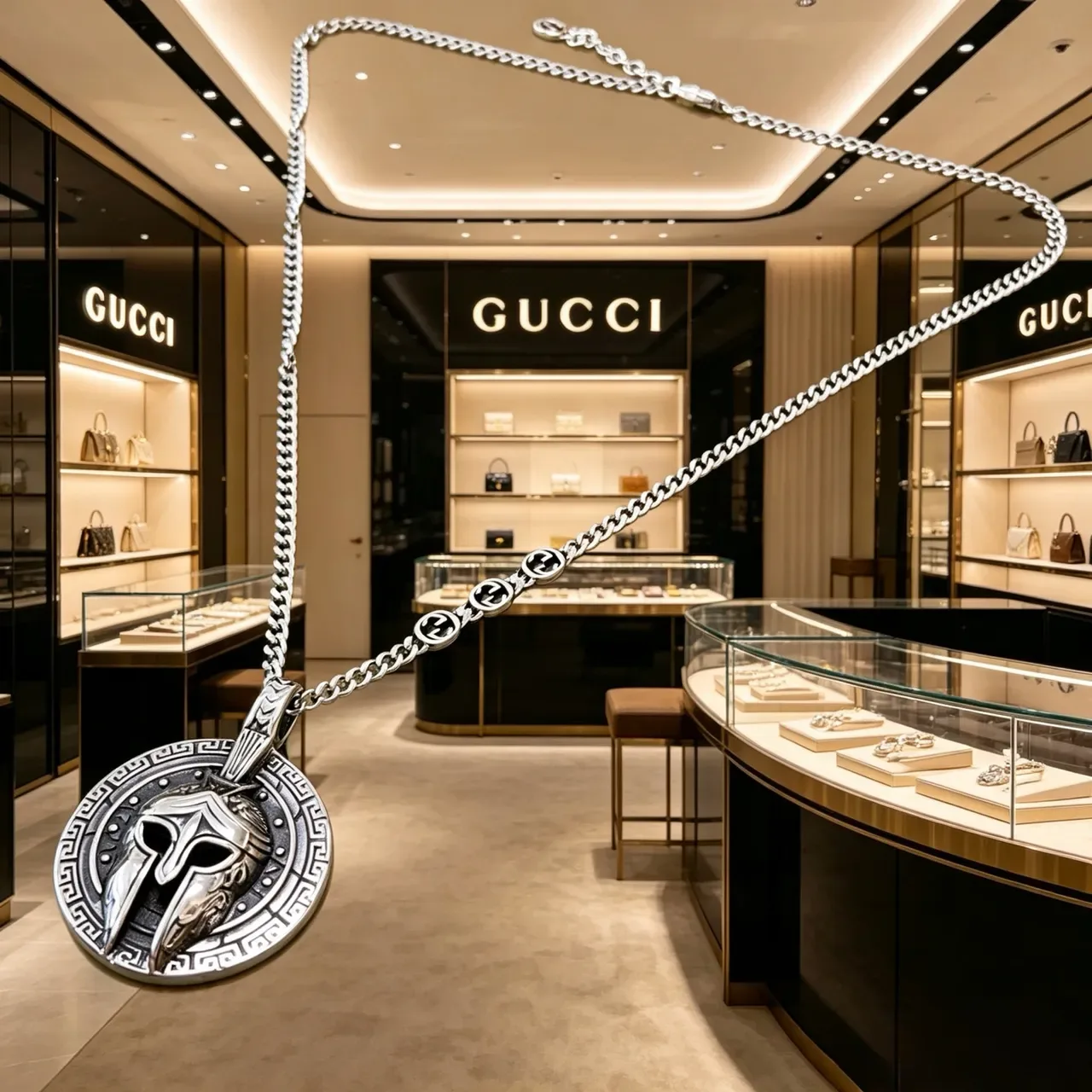 Gucci Spartan Helmet Pendant Interlocking G-Link Chain Necklace 6