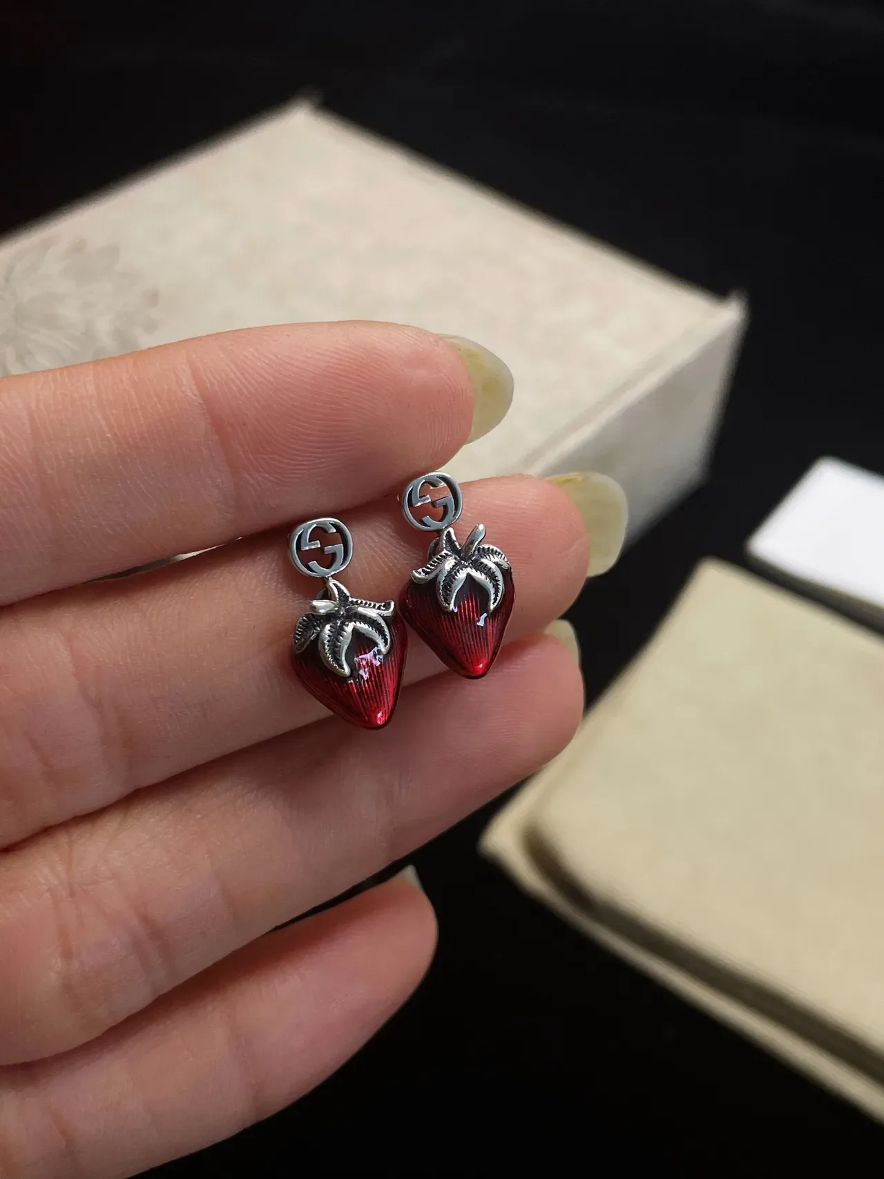 Gucci Strawberry Enamel Double G Earrings 5