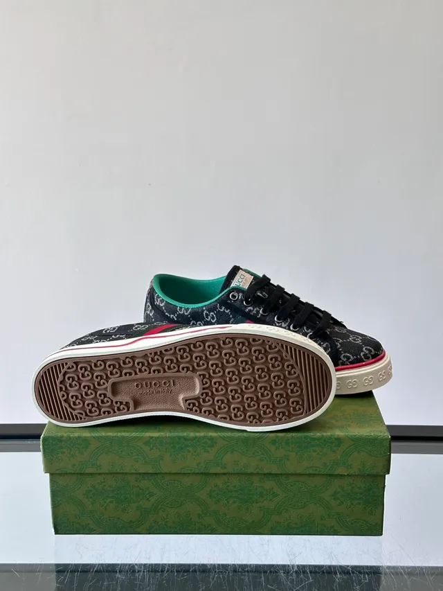 Gucci Tennis 1977 Black Green Monogram Canvas Web Stripe Detail Lifestyle Sneakers 2