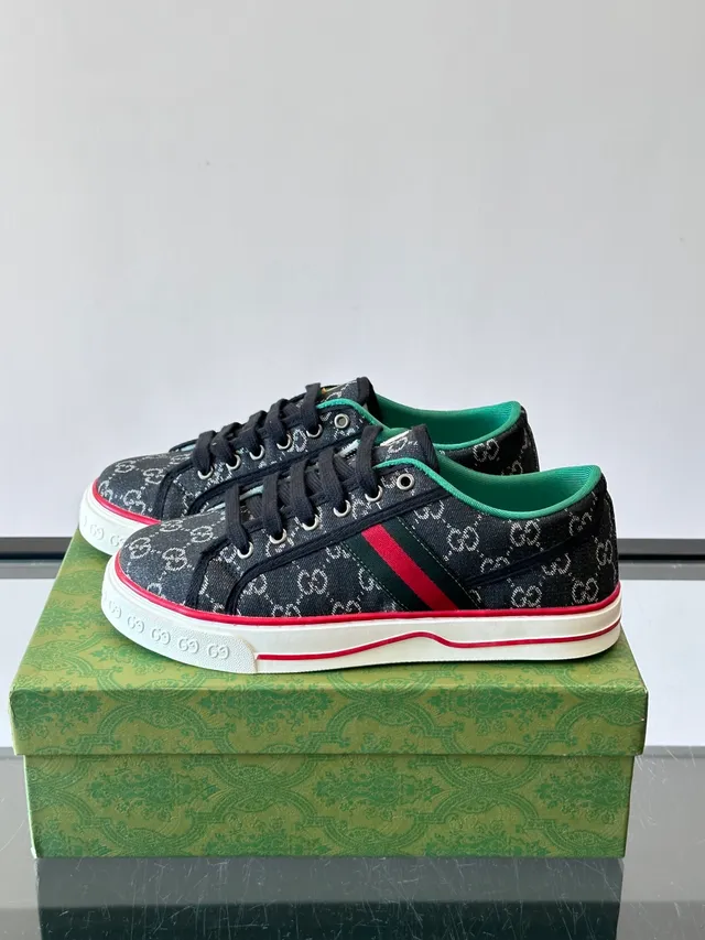 Gucci Tennis 1977 Black Green Monogram Canvas Web Stripe Detail Lifestyle Sneakers 5