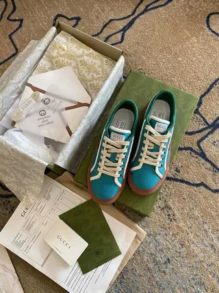 Gucci Tennis 1977 Turquoise Blue Web Stripe Lifestyle Sneakers 2