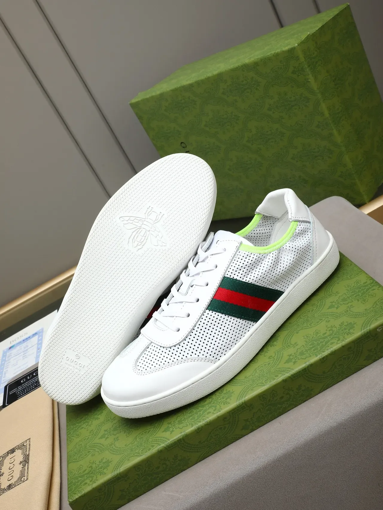 Gucci Tennis 1977 White Green Red Web Perforated Leather Lifestyle Sneakers 4
