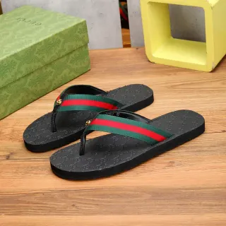 Gucci Web Stripe Black Green GG-Embossed Rubber Sole Strap Slippers
