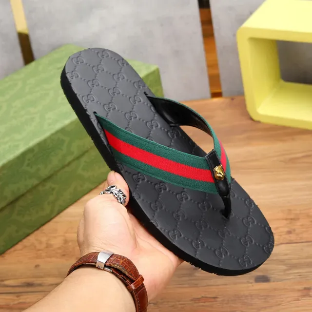 Gucci Web Stripe Black Green GG-Embossed Rubber Sole Strap Slippers 7