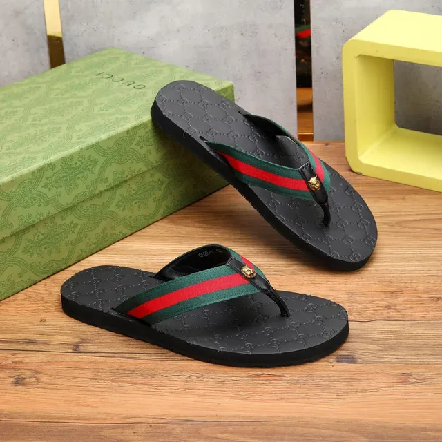 Gucci Web Stripe Black Green GG-Embossed Rubber Sole Strap Slippers 8