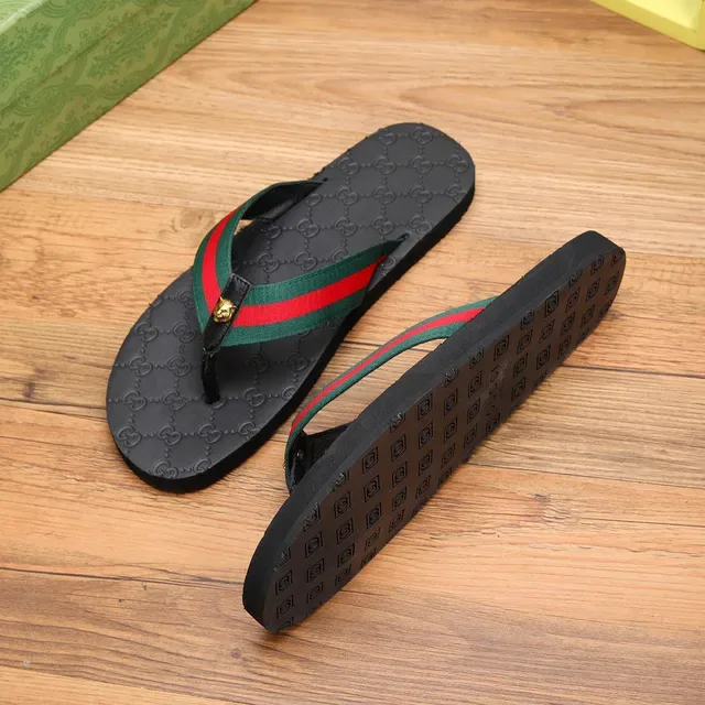 Gucci Web Stripe Black Green GG-Embossed Rubber Sole Strap Slippers 9