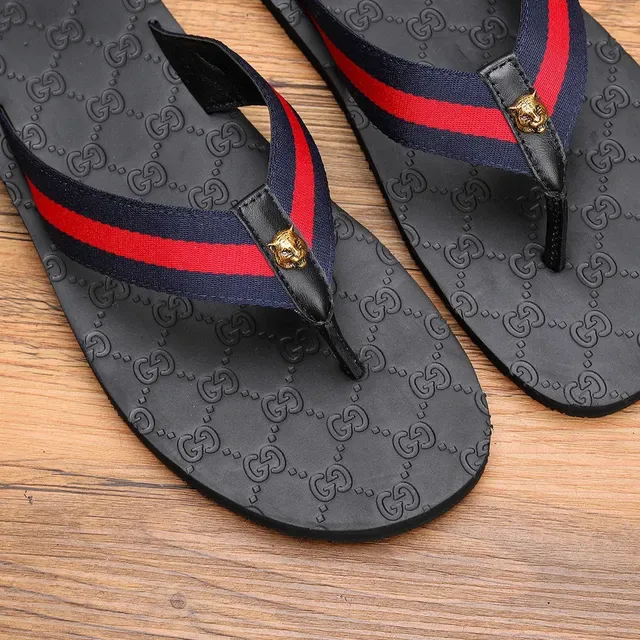 Gucci Web Stripe Black Green GG-Embossed Rubber Sole Strap Slippers 10