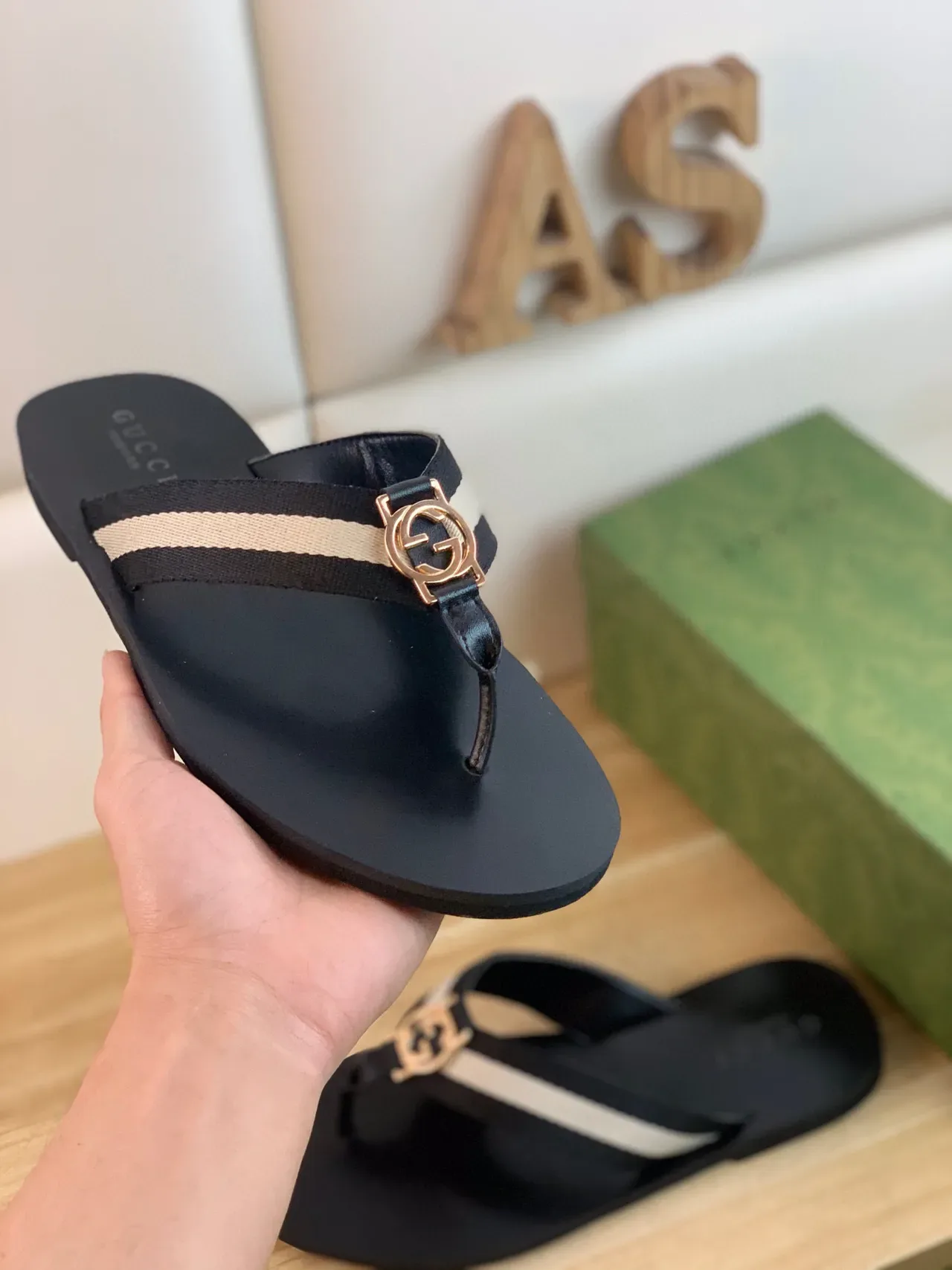 Gucci Web Stripe Flip Flop Black Beige Thong Strap Casual Sandals 4