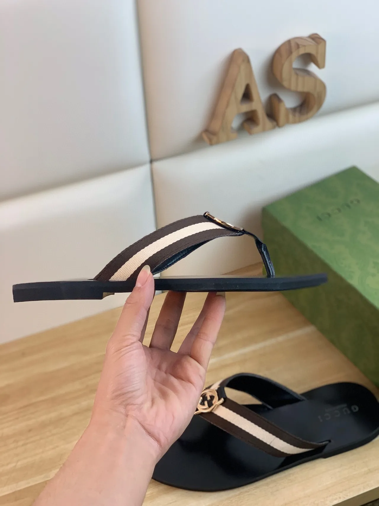 Gucci Web Stripe Flip Flop Black Brown Beige Slippers 6