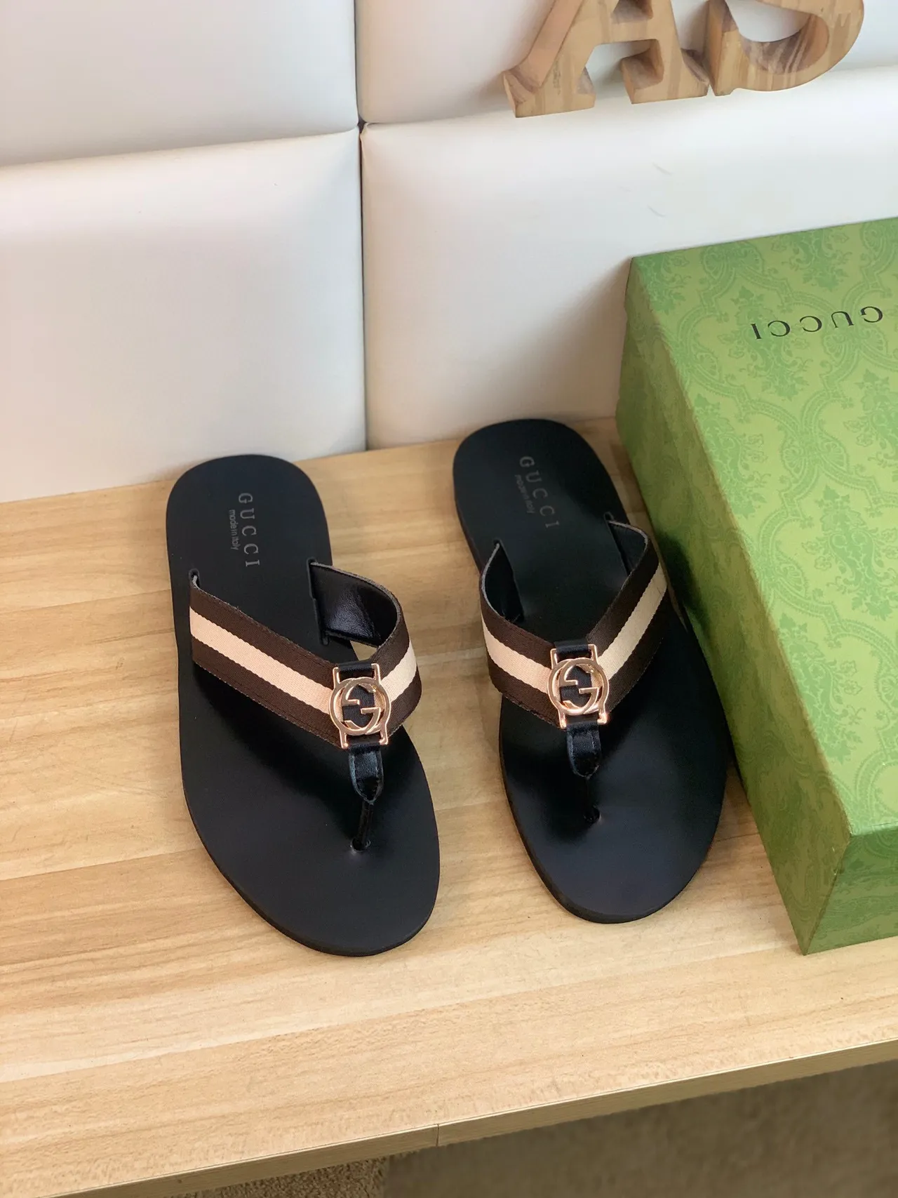 Gucci Web Stripe Flip Flop Black Brown Beige Slippers 9