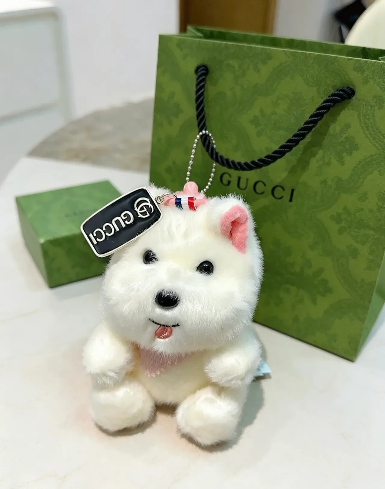 Gucci White Pink Plush Dog Accents Handbag 3