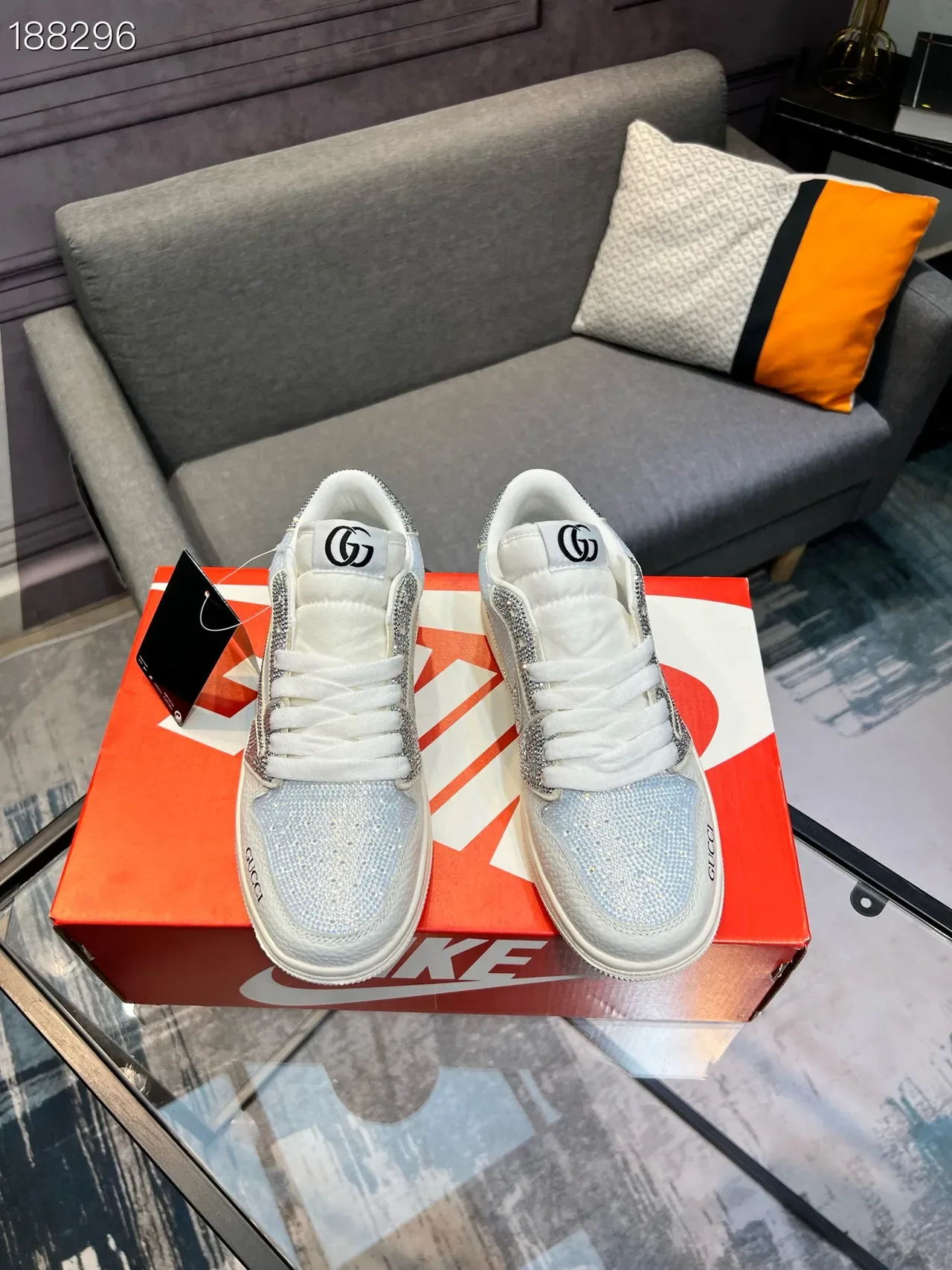 Gucci White Silver Crystal-Embellished Low-Top Lifestyle Sneakers 7