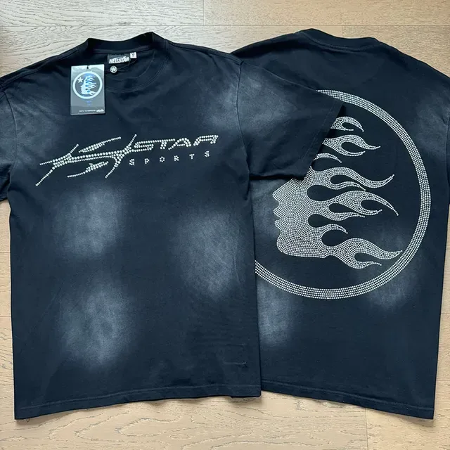 Hellstar Star Sports Black White Rhinestone Flame Graphics Washed Fabric T-Shirt 2
