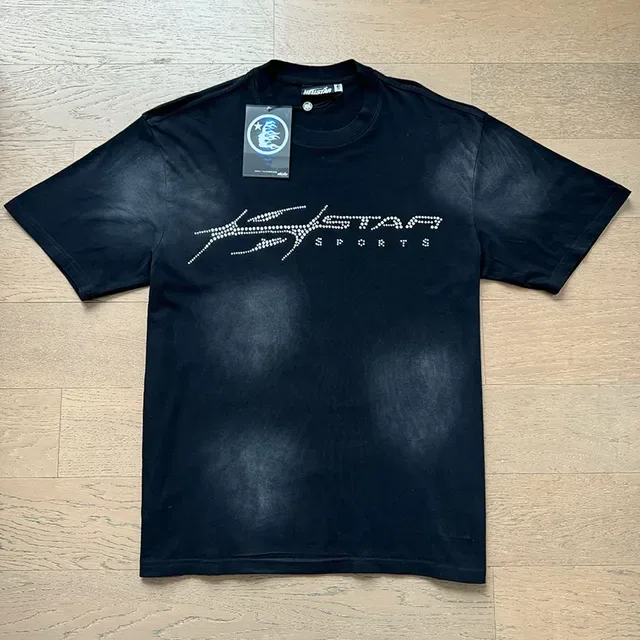 Hellstar Star Sports Black White Rhinestone Flame Graphics Washed Fabric T-Shirt 3