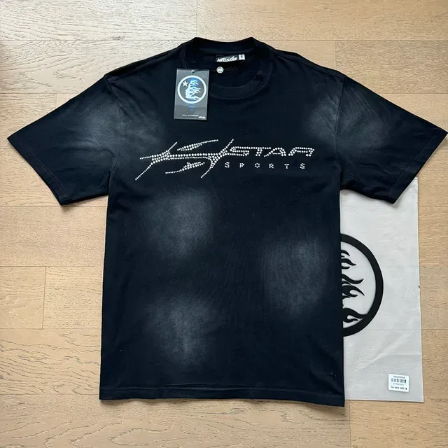 Hellstar Star Sports Black White Rhinestone Flame Graphics Washed Fabric T-Shirt 4