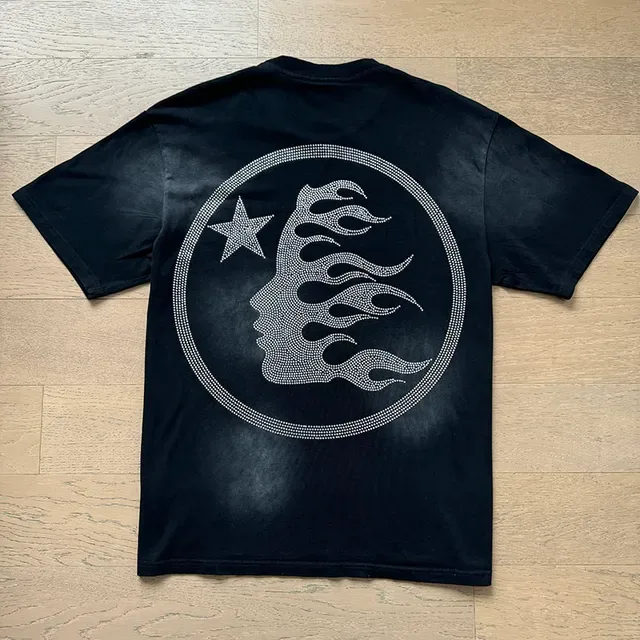 Hellstar Star Sports Black White Rhinestone Flame Graphics Washed Fabric T-Shirt 5