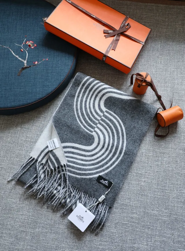 Hermès Abstract Wave Gray and White Cashmere Scarf 4
