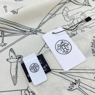 Hermès भूरा काला लाइन ड्रॉन पक्षी पैटर्न एक रंग प्रिंट रेशम स्कार्फ