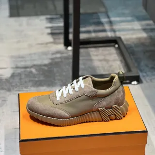 Hermès Bege Branco Suede E Nylon Superior Cordões Planos Tênis Lifestyle