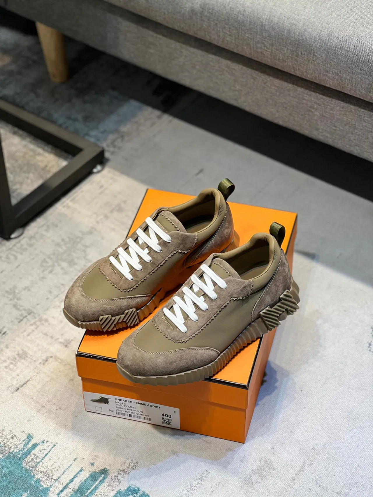 Hermès Bege Branco Suede E Nylon Superior Cordões Planos Tênis Lifestyle 7