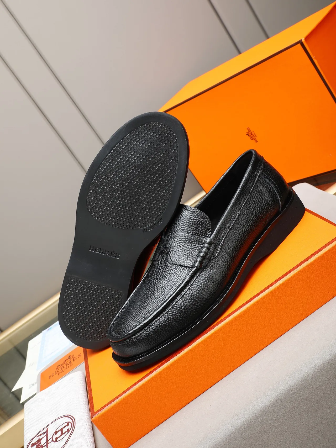 Hermès Black Pebbled Leather Penny Strap Loafer 2