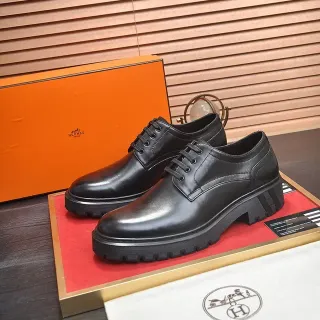 Hermès Black Polished Leather Closed-Lace Oxford Shoes