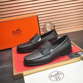 Hermès Black Textured Leather H-Shaped Metal Buckle Loafer