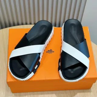 Hermès Black White Crossed Strap Serrated Sole Slippers