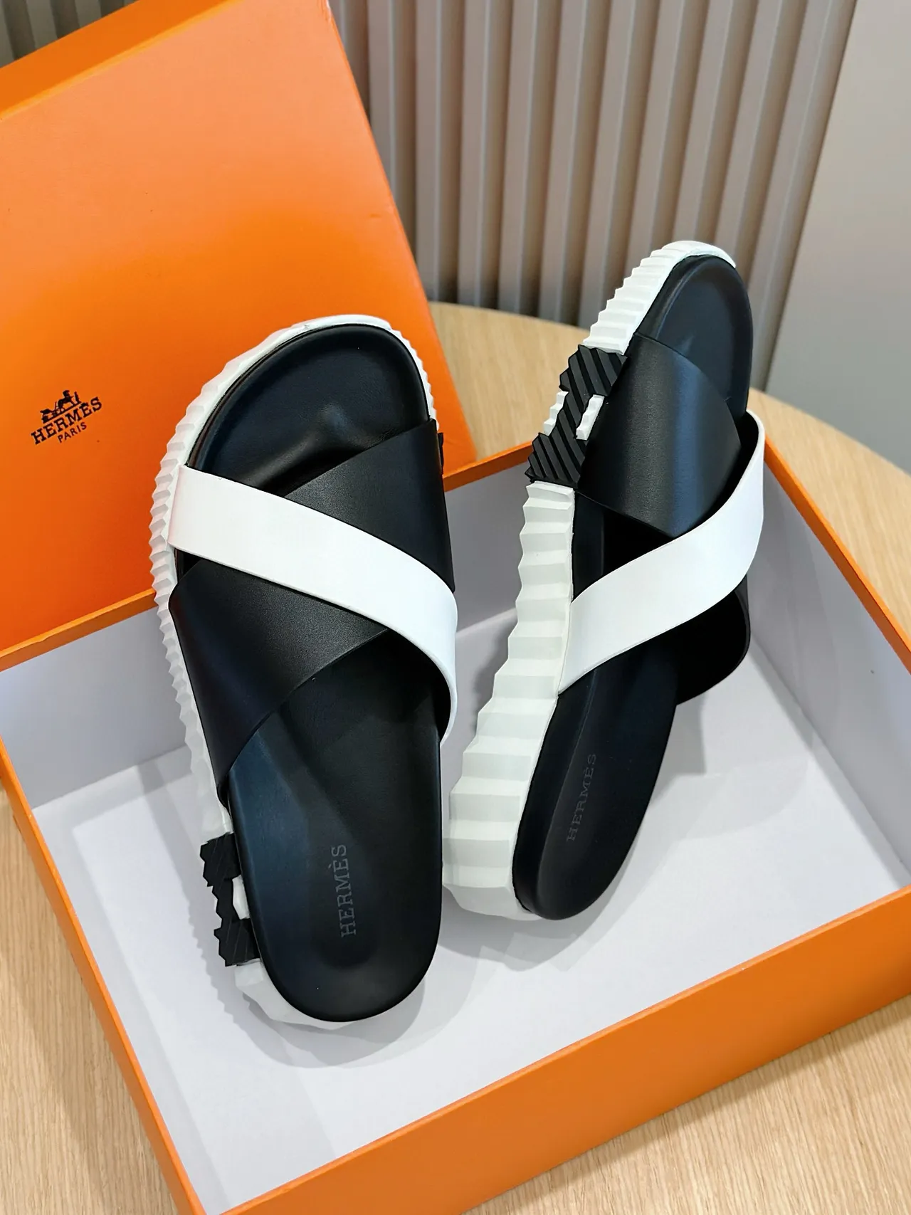 Hermès Black White Crossed Strap Serrated Sole Slippers 8