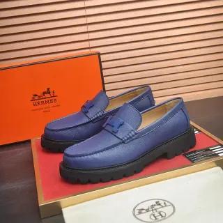 Hermès Cuero Texturizado Azul Negro H-Buckle Hardware Mocasín