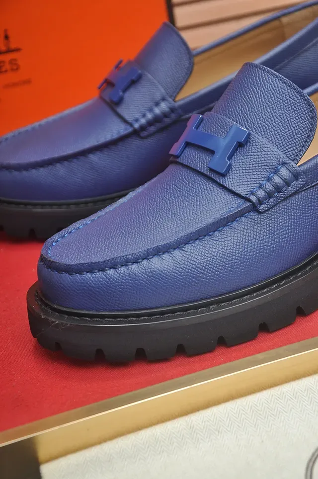 Hermès Blue Black Textured Leather H-Buckle Hardware Loafer 2