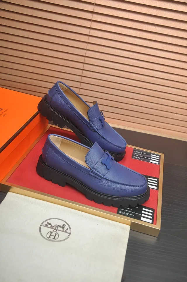 Hermès Blue Black Textured Leather H-Buckle Hardware Loafer 4