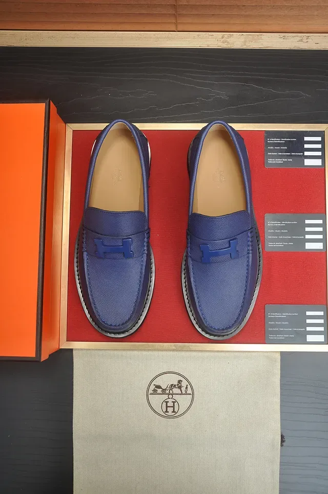 Hermès Blue Black Textured Leather H-Buckle Hardware Loafer 5