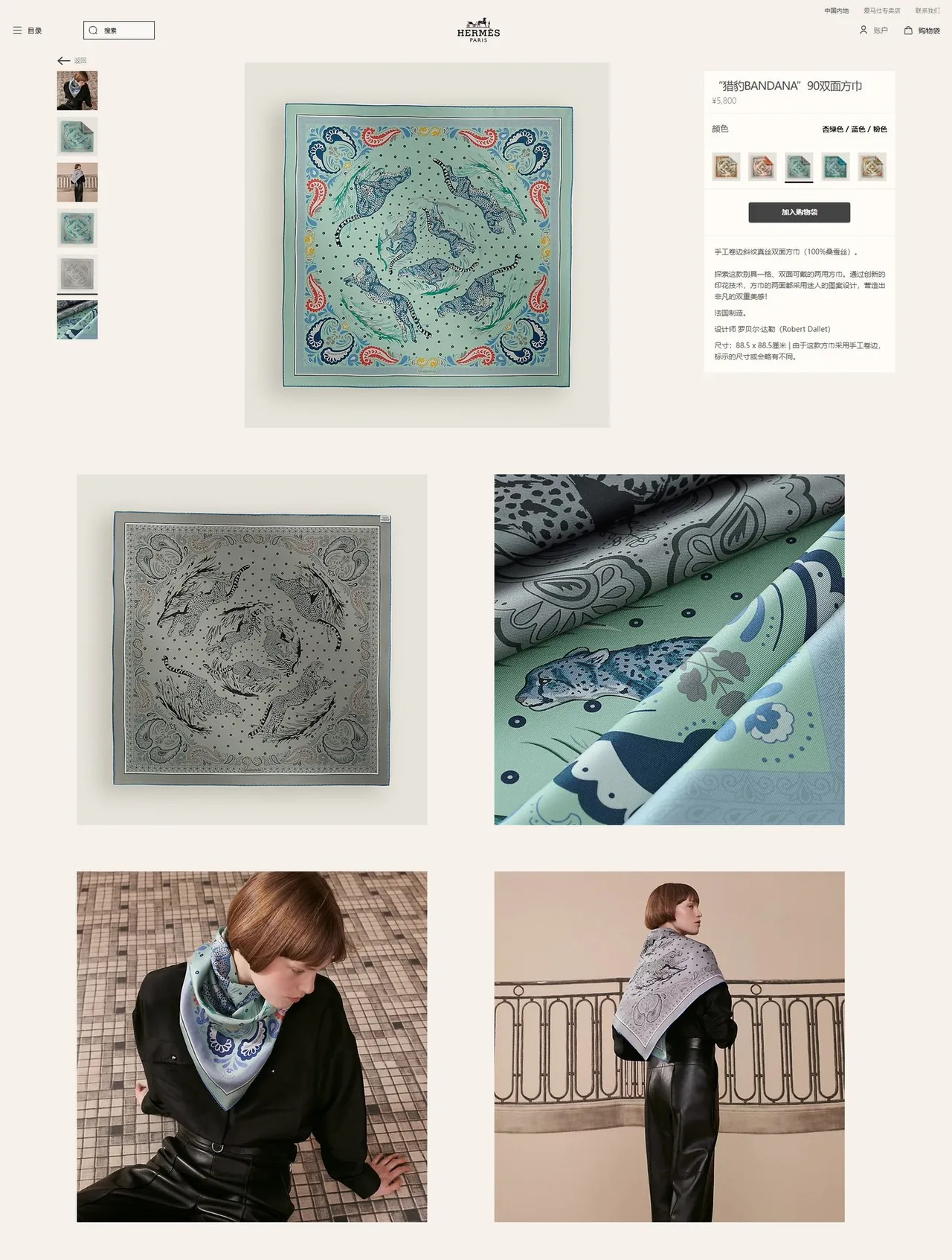 Hermès Pañuelo de Seda Azul Multicolor con Estampado de Leopardo y Borde de Paisley 3