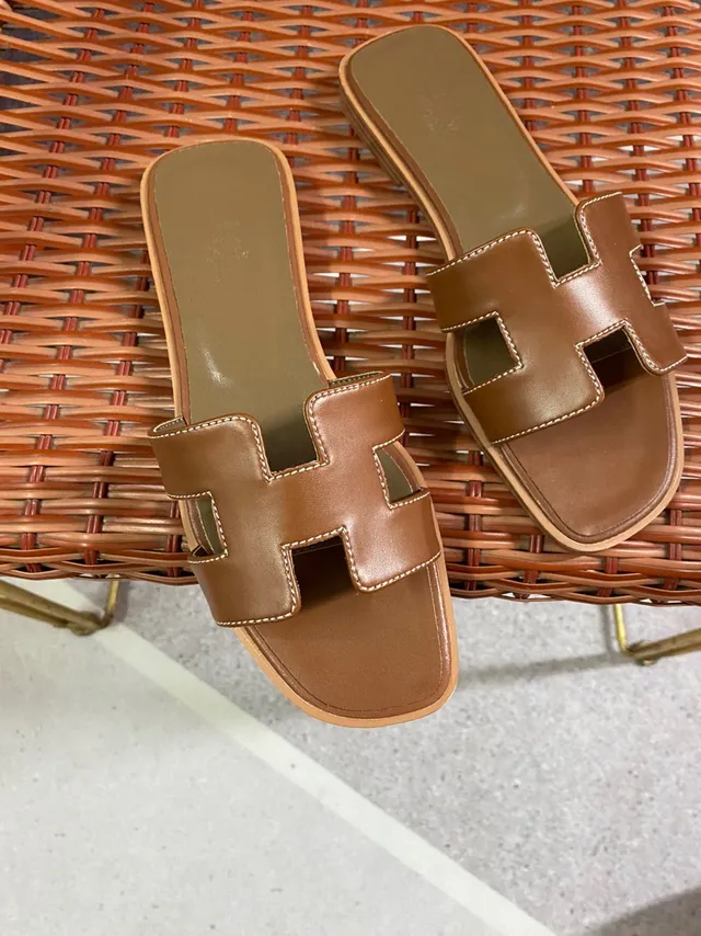 Hermès Brown Beige H-Shaped Cutout Strap Smooth Tan Leather Slippers 4