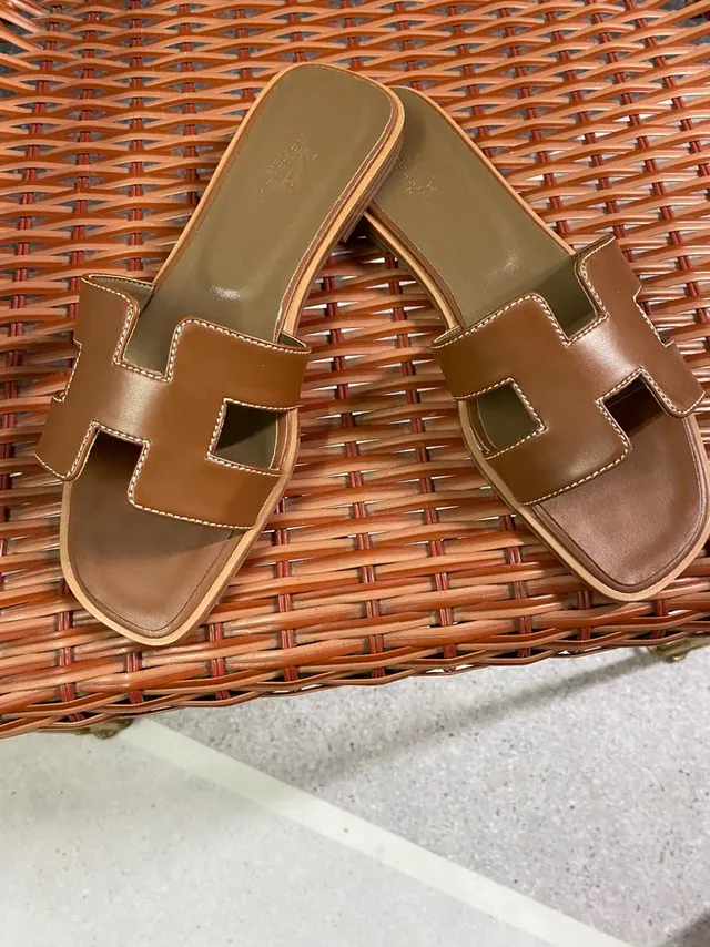 Hermès Brown Beige H-Shaped Cutout Strap Smooth Tan Leather Slippers 5
