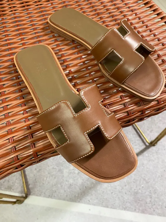 Hermès Brown Beige H-Shaped Cutout Strap Smooth Tan Leather Slippers 6