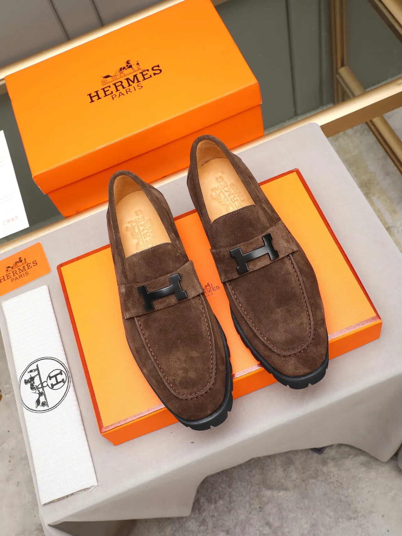Hermès Brown Black Suede Upper H-Buckle Strap Loafer 3