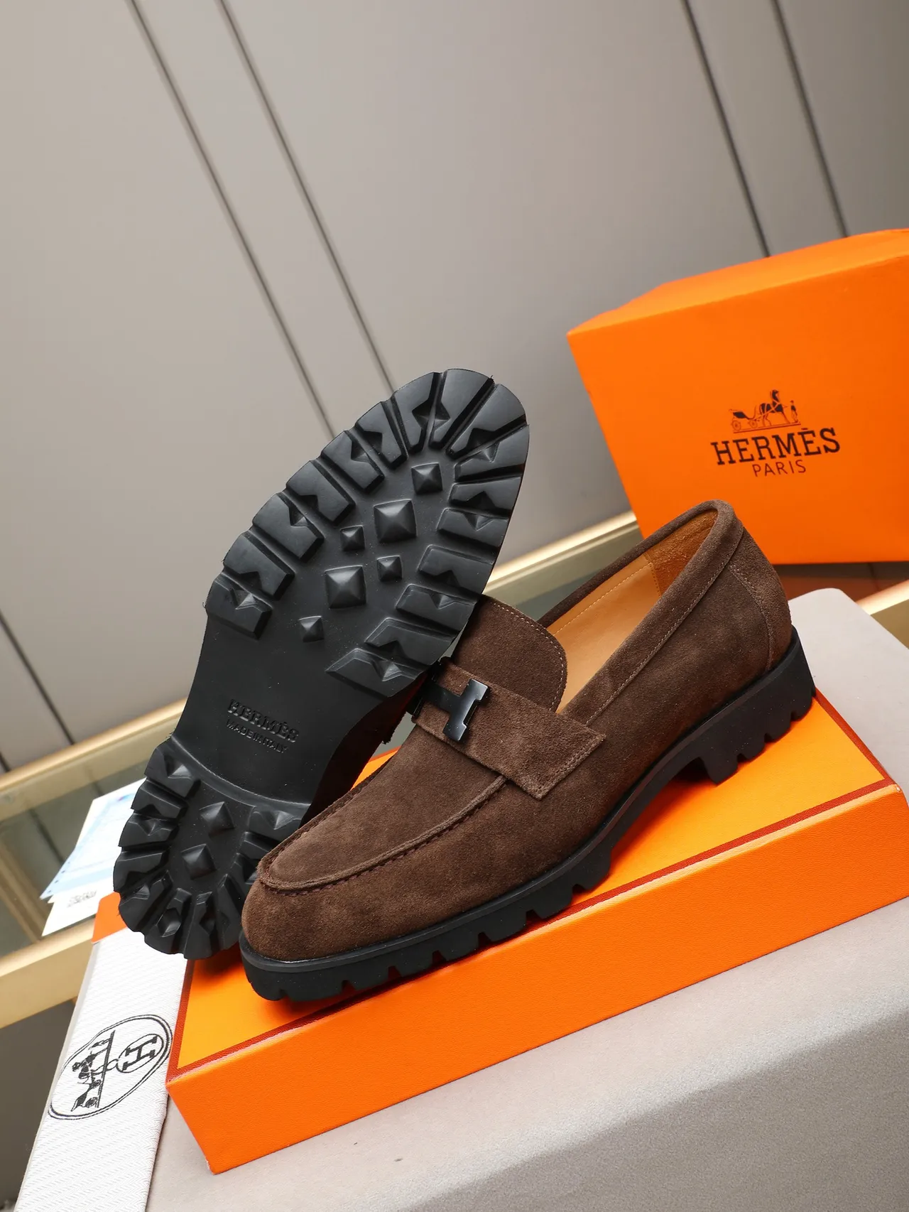 Hermès Brown Black Suede Upper H-Buckle Strap Loafer 4