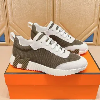 Hermès Brown White Corduroy Upper Serrated Collar Trim Lifestyle Sneakers