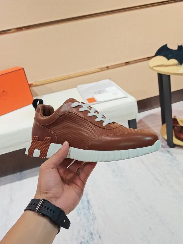 Hermès Brown White Leather Upper Textured Paneling Lifestyle Sneakers 4